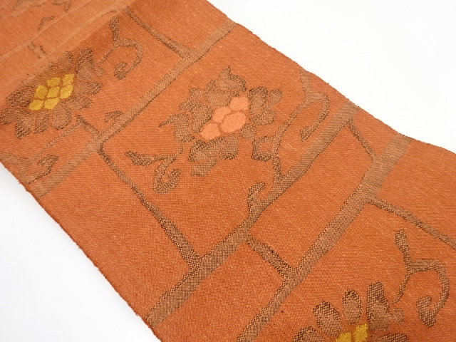 JAPANESE KIMONO / NAGOYA OBI / SILK / HAND WOVEN / MAWATA TSUMUGI / STONE FENCE & FLORAL ARABESQUE